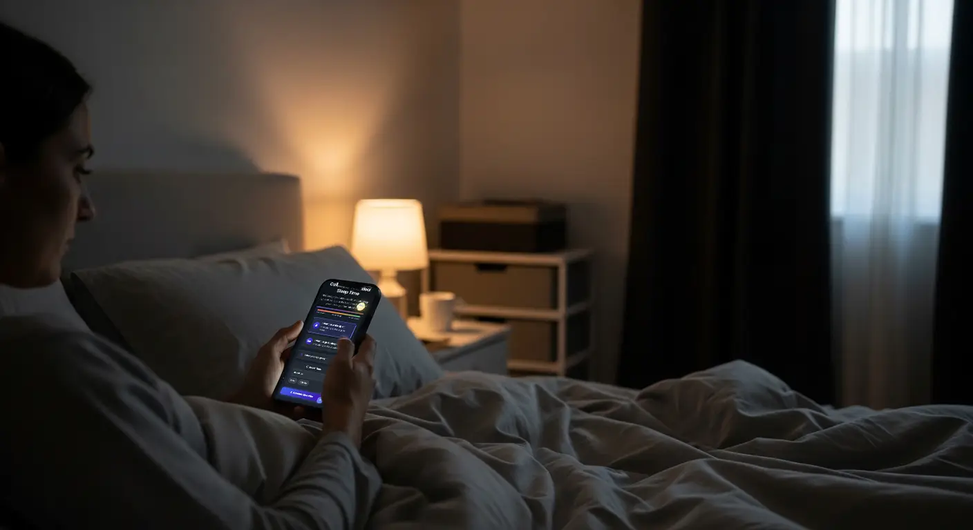 Person using smartphone in bed to calculate sleep