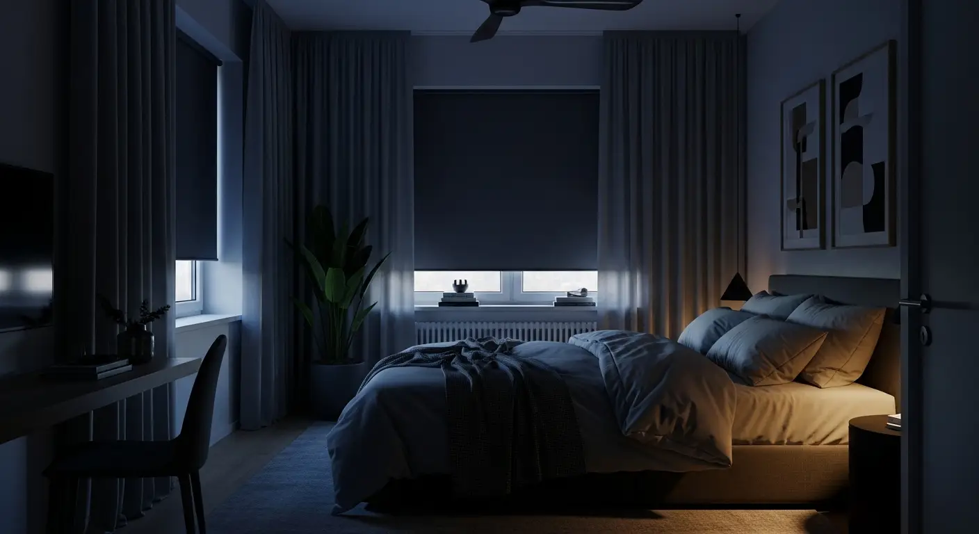 Dark, cool bedroom optimized for sleep cycles