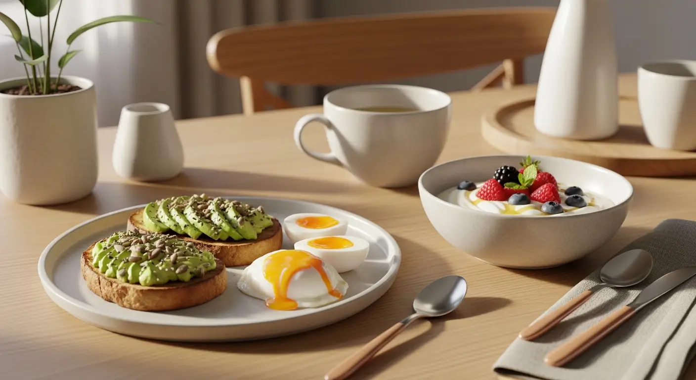 Healthy morning breakfast with eggs and toast