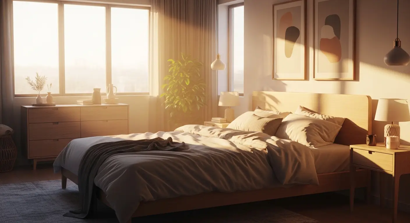 Morning light hitting a bedroom