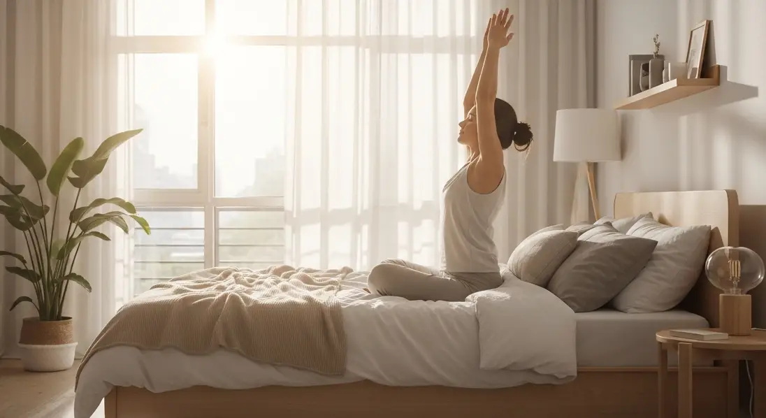 Morning stretching in bedroom